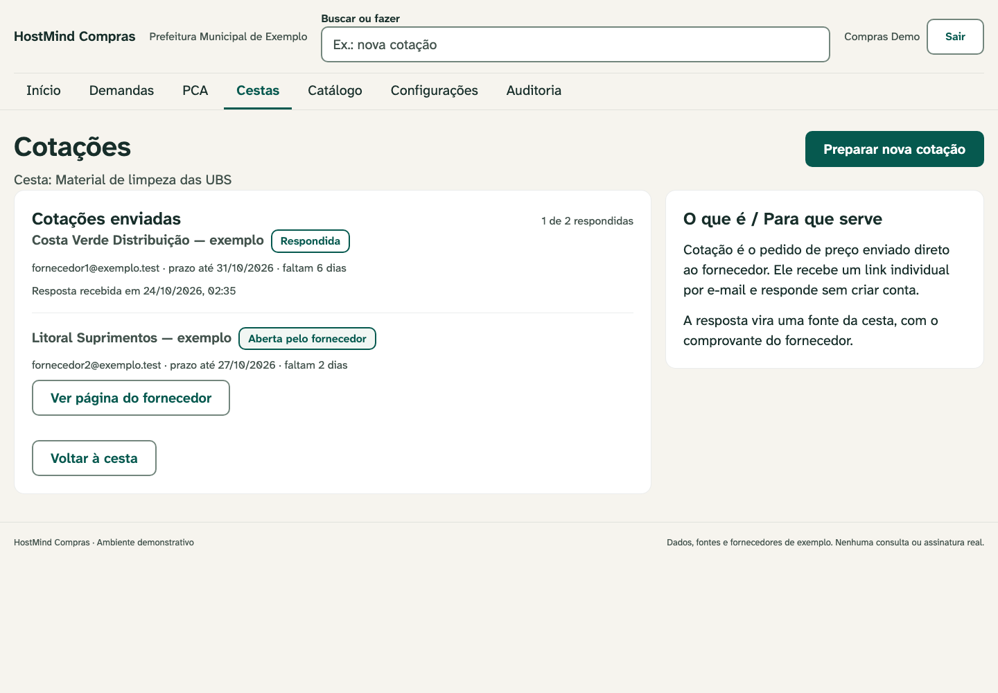 Cotações enviadas, prazos e respostas recebidas