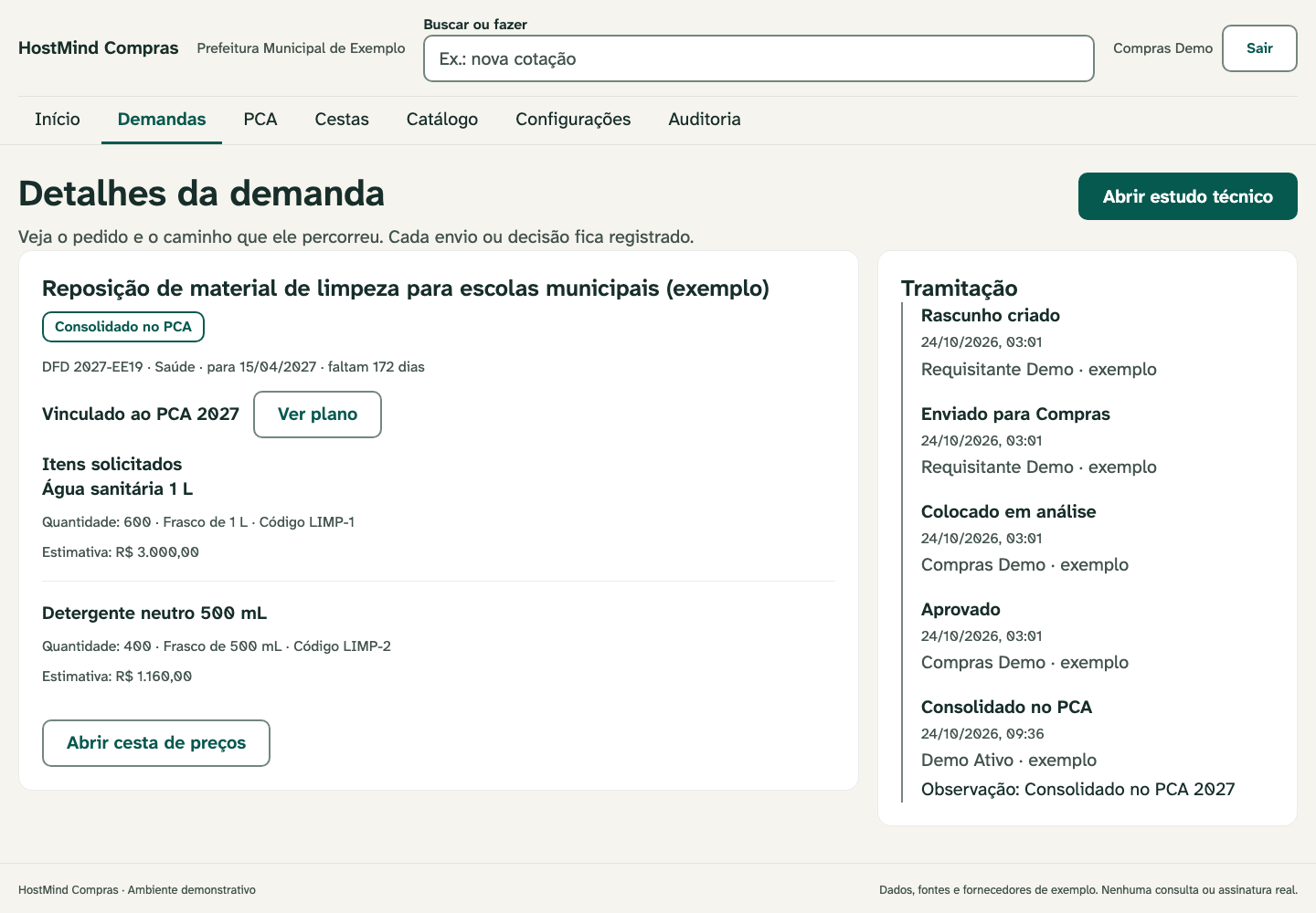 Demanda com itens, plano vinculado e tramitação registrada