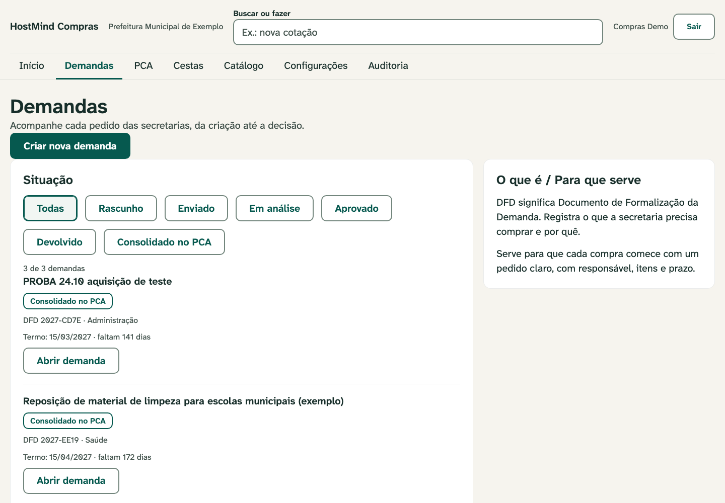 Demandas das secretarias, com situação e prazo