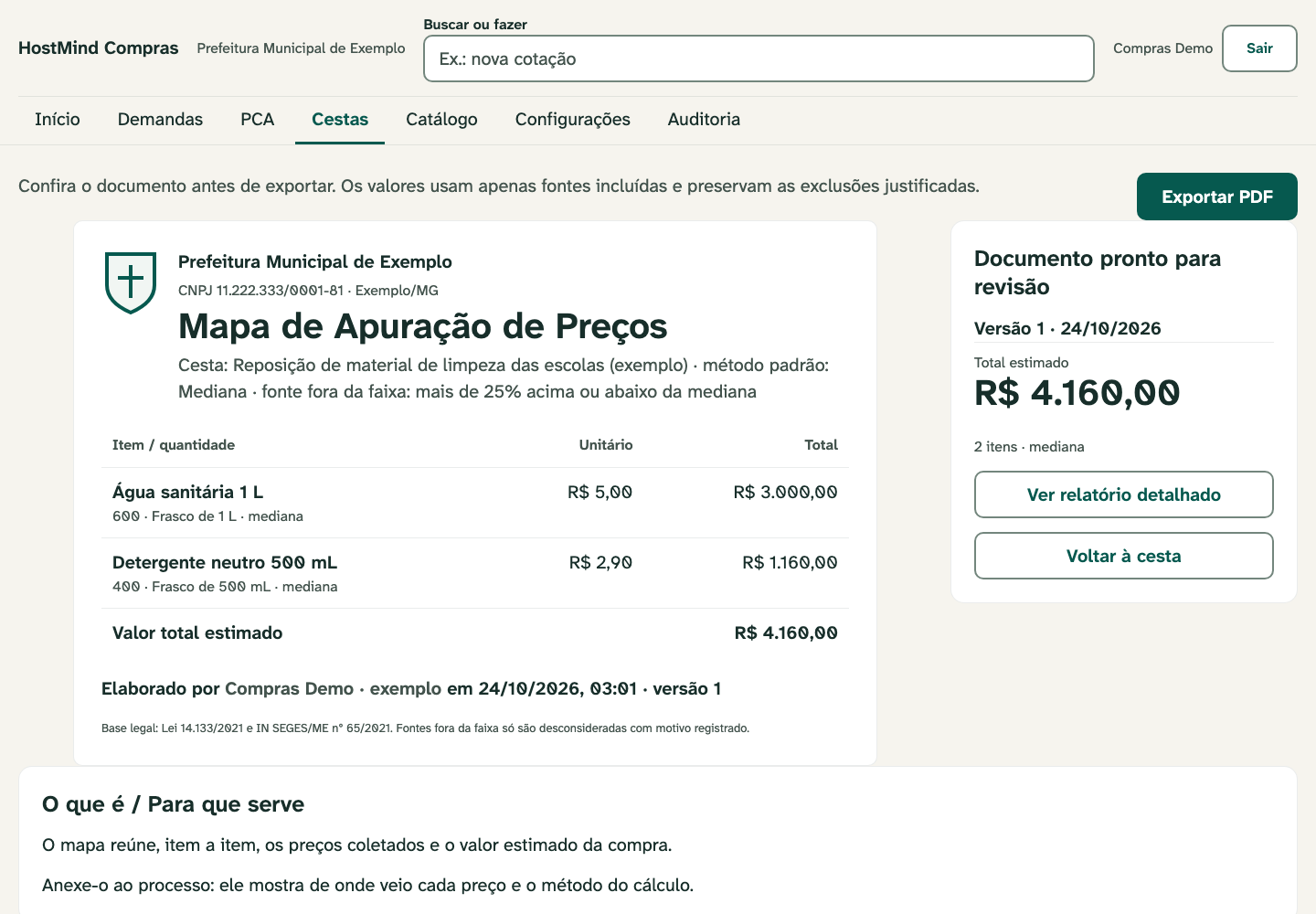 Mapa de apuração pronto para revisão e PDF