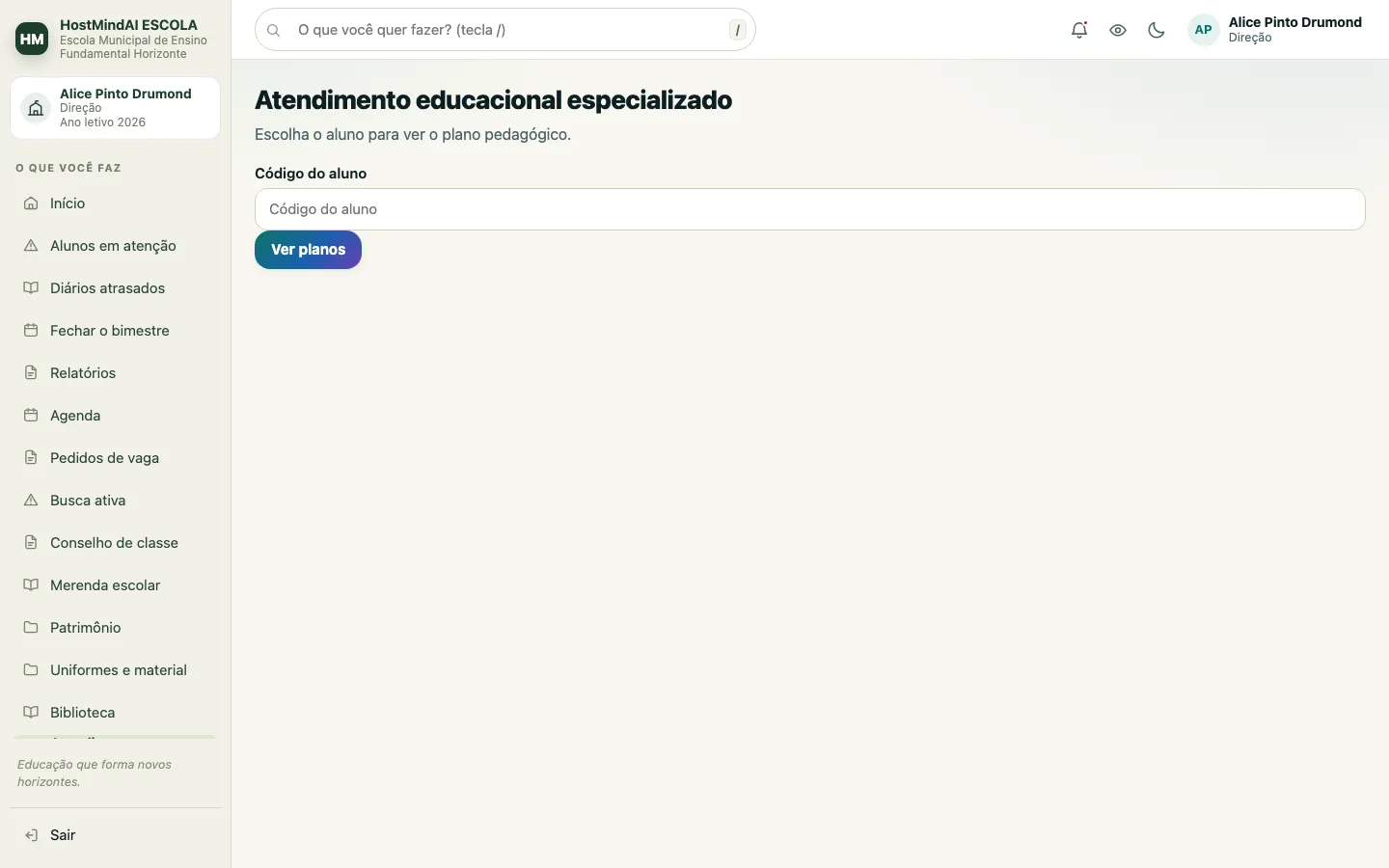 Tela do atendimento educacional especializado, que pede o código do aluno para abrir o plano pedagógico.