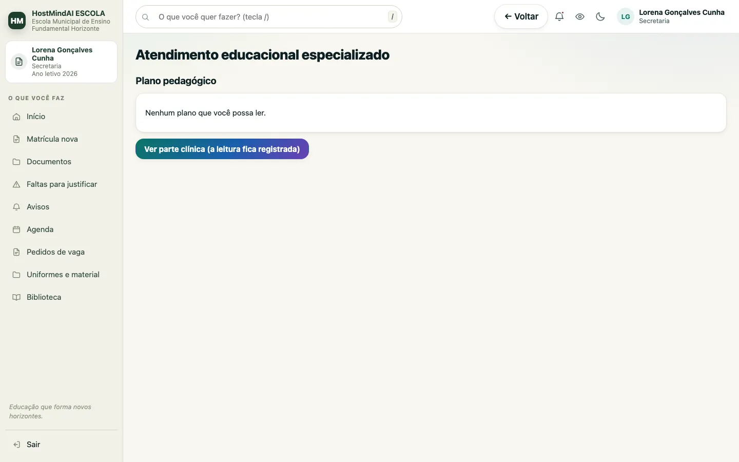 Resposta da tela de atendimento especializado para um aluno, avisando que não há plano que o perfil possa ler.