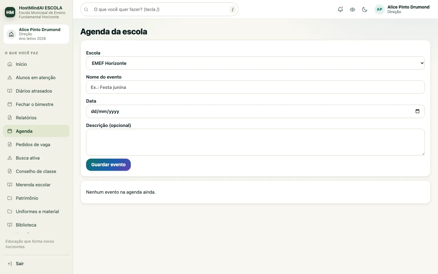 Tela de agenda da escola, com o formulário de novo evento e a lista de eventos da direção.