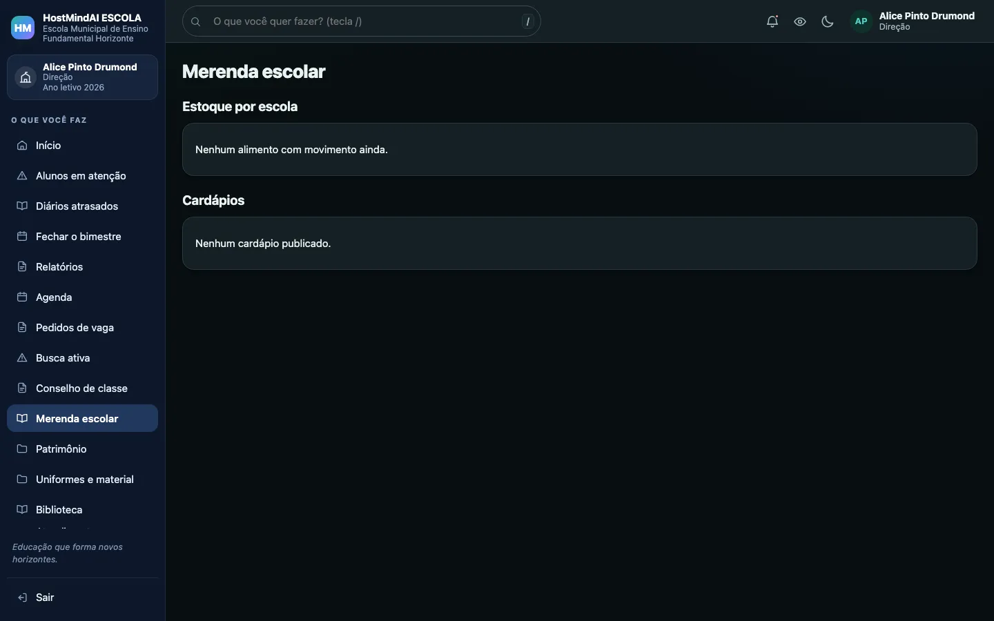 Tela de merenda escolar em tema escuro, com estoque e cardápios ainda sem movimento.
