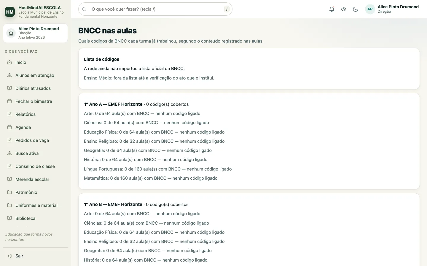 Tela de BNCC nas aulas, com a cobertura de códigos de cada turma por matéria segundo o conteúdo registrado.