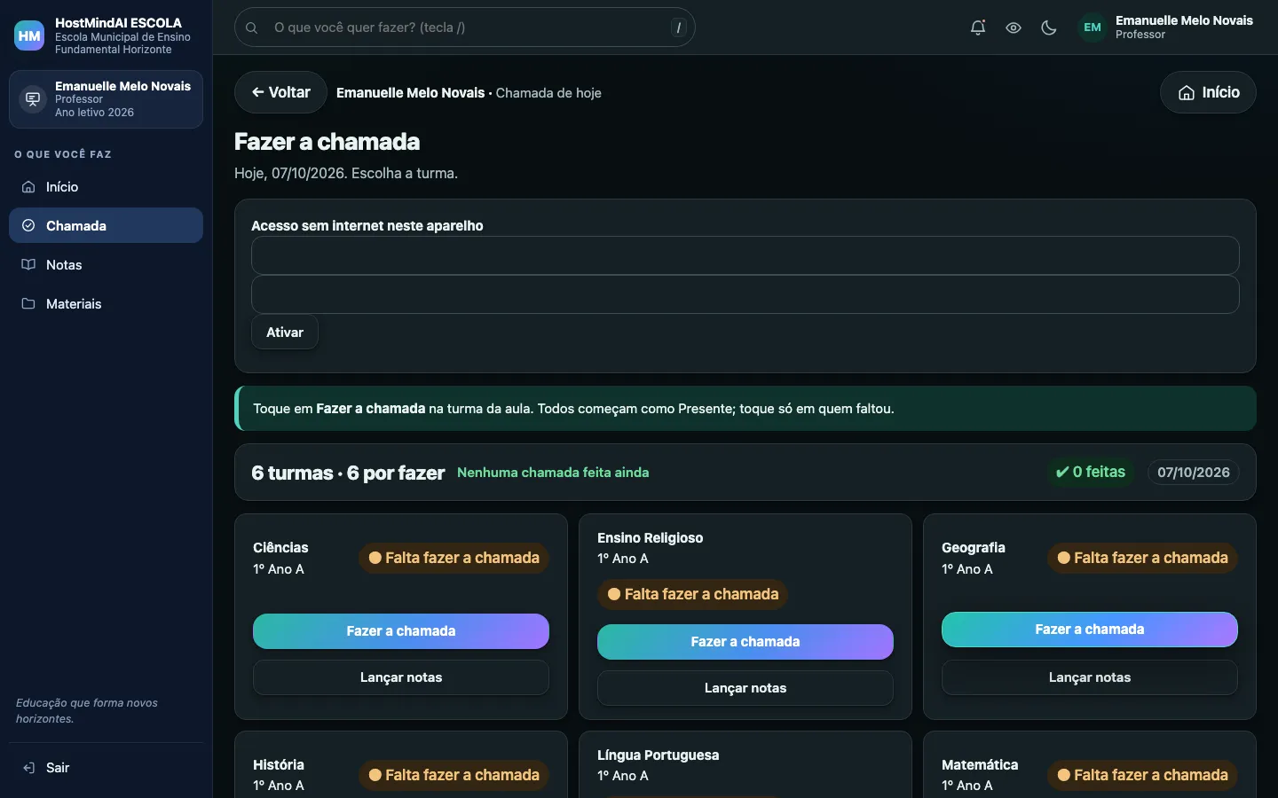 Tela de chamada com o cartão de acesso sem internet em tema escuro.