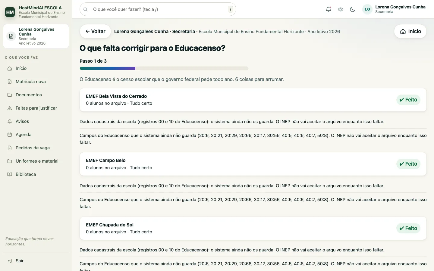 Primeiro passo do Educacenso na escola, com a lista de pendências a corrigir antes de gerar o arquivo.