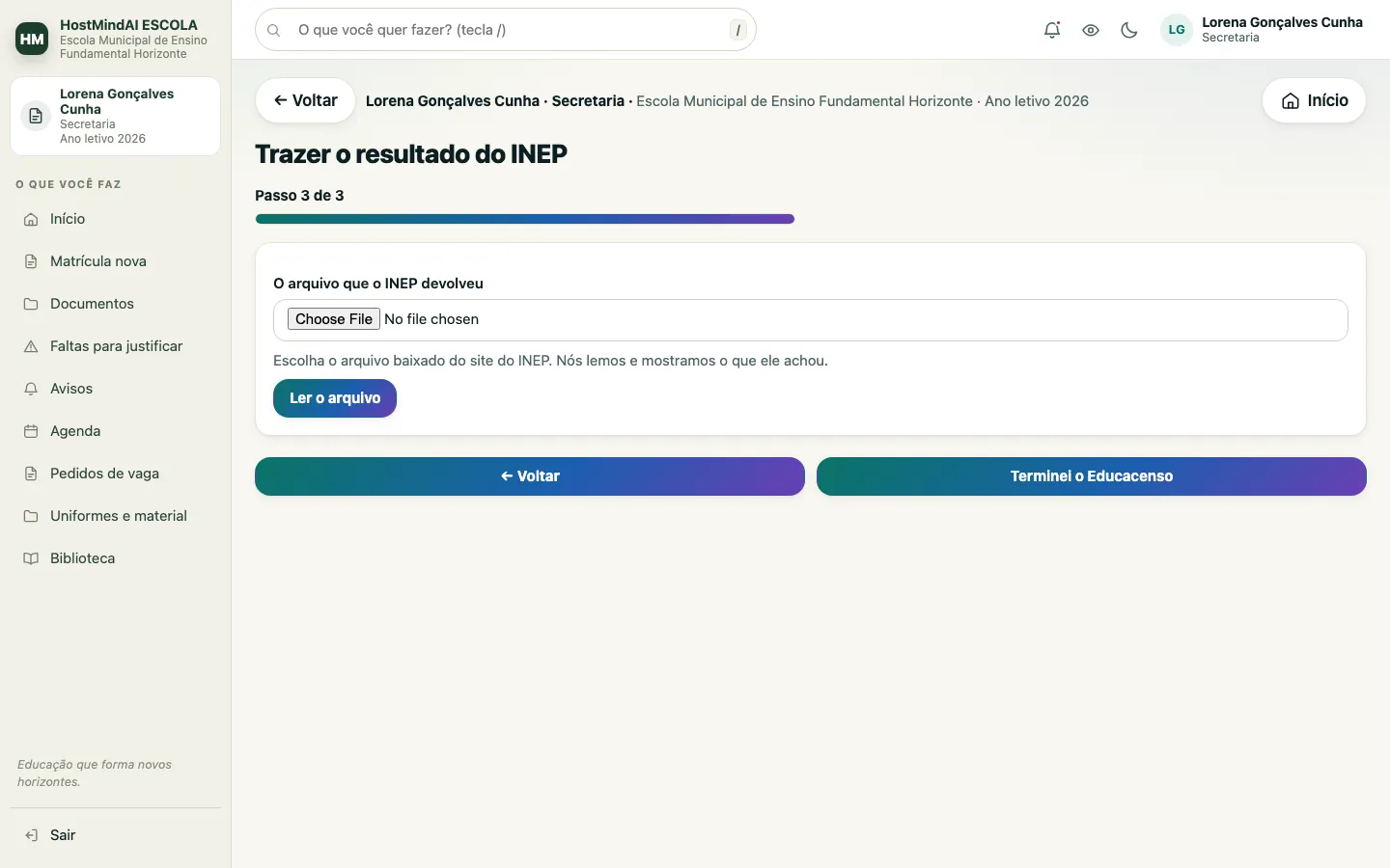 Passo de trazer o resultado devolvido pelo INEP, escolhendo o arquivo baixado do site do INEP.