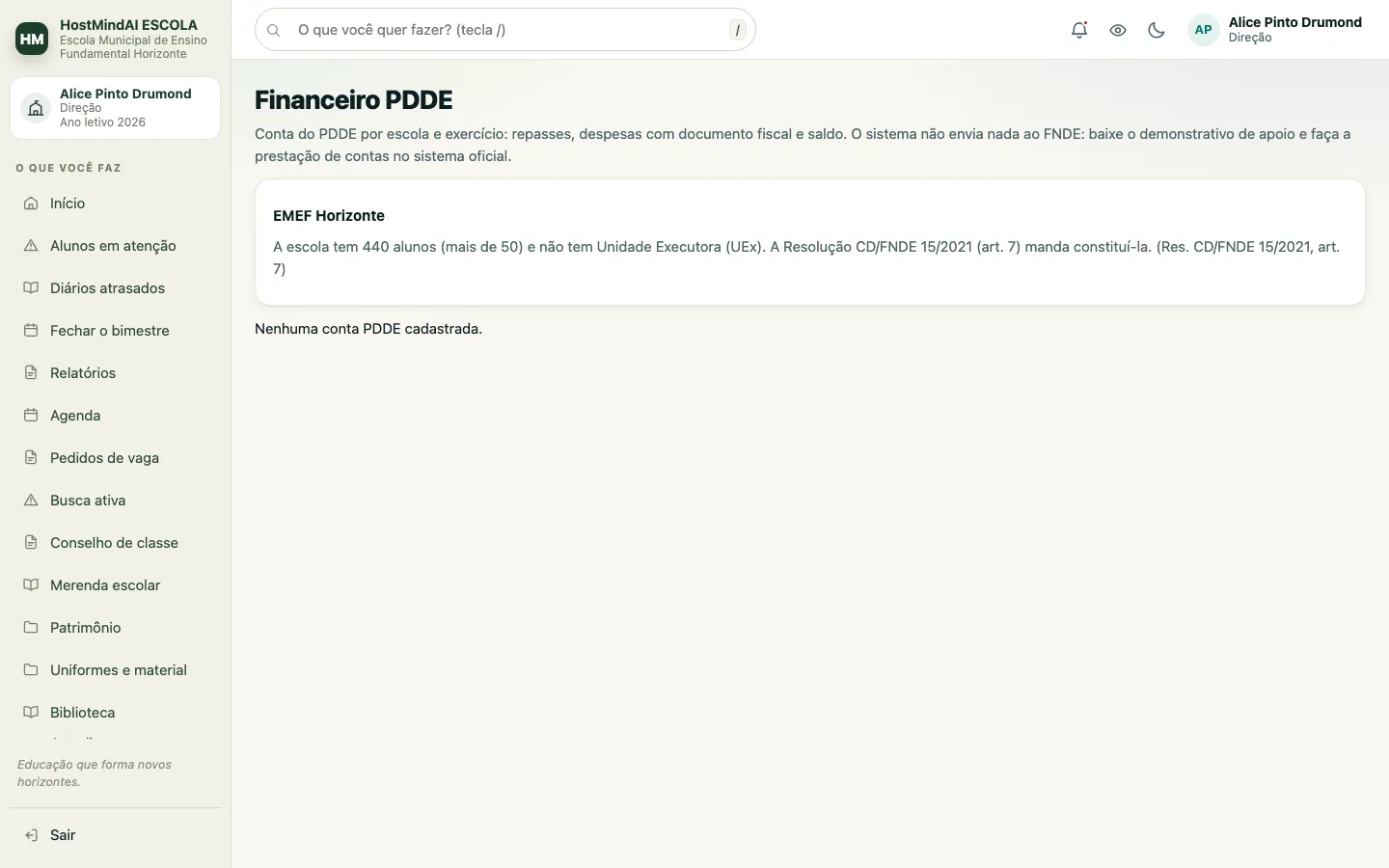 Tela do financeiro PDDE com repasses, despesas com documento fiscal, saldo e aviso sobre a prestação de contas.