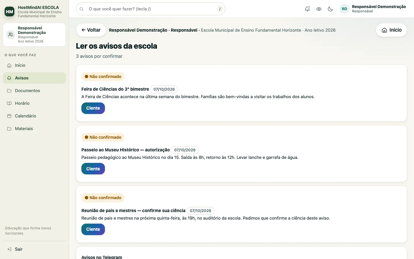 Tela de avisos da escola para o responsável, com avisos por confirmar e botão de ciente em cada um.