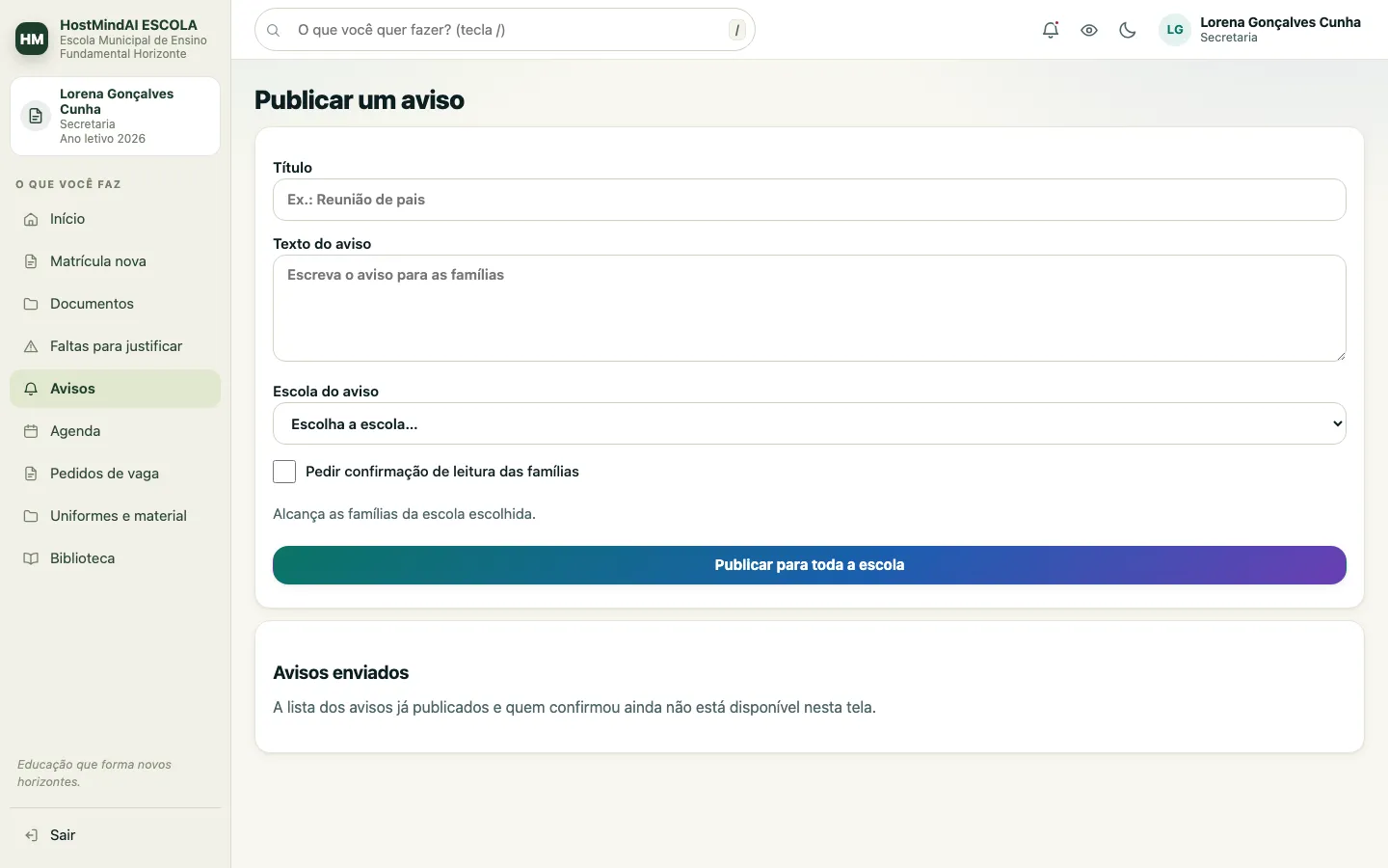 Tela da secretaria para publicar um aviso, com título, texto, escola e pedido de confirmação de leitura.