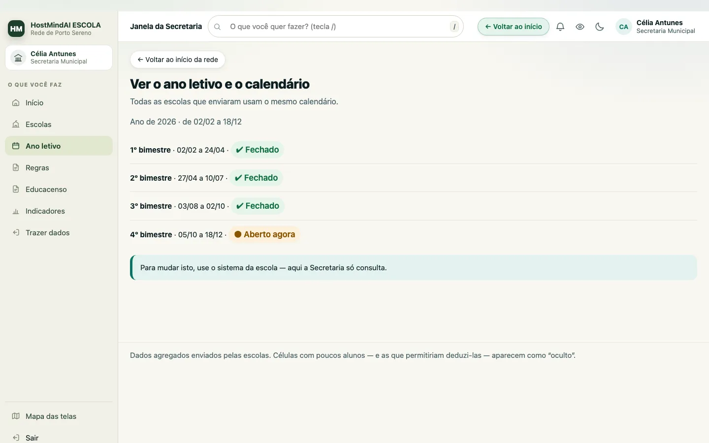 Ano letivo da rede com as datas de cada bimestre e a indicação de quais já foram fechados.