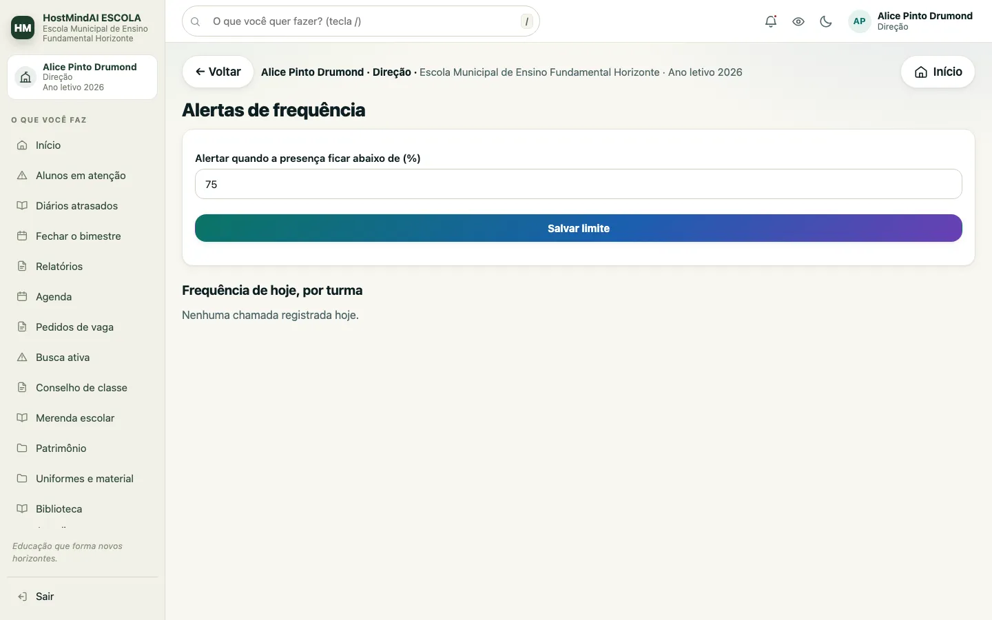 Tela de alertas de frequência, onde a direção define o limite de presença e vê a frequência de hoje por turma.