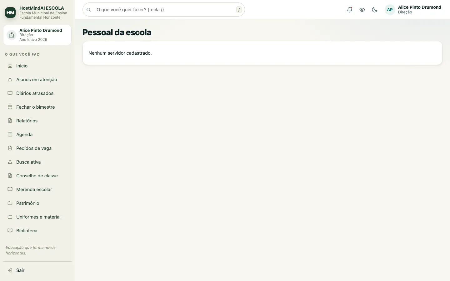 Tela de pessoal da escola, que lista os servidores cadastrados e avisa quando ainda não há nenhum.