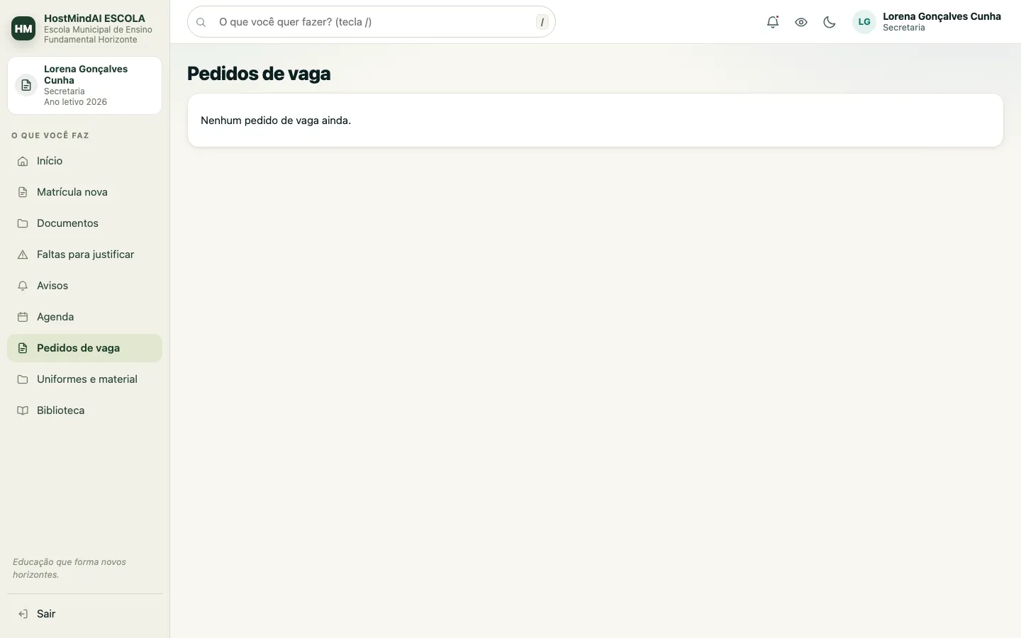 Tela de pedidos de vaga da secretaria, que lista os pedidos recebidos e avisa quando ainda não há nenhum.