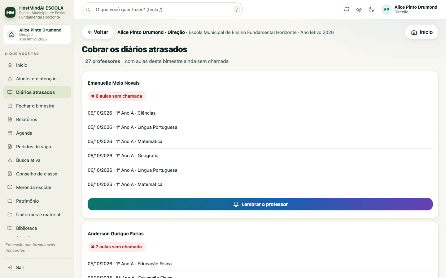 Painel da direção com os diários atrasados: professores com aulas sem chamada e a data, turma e matéria de cada aula.
