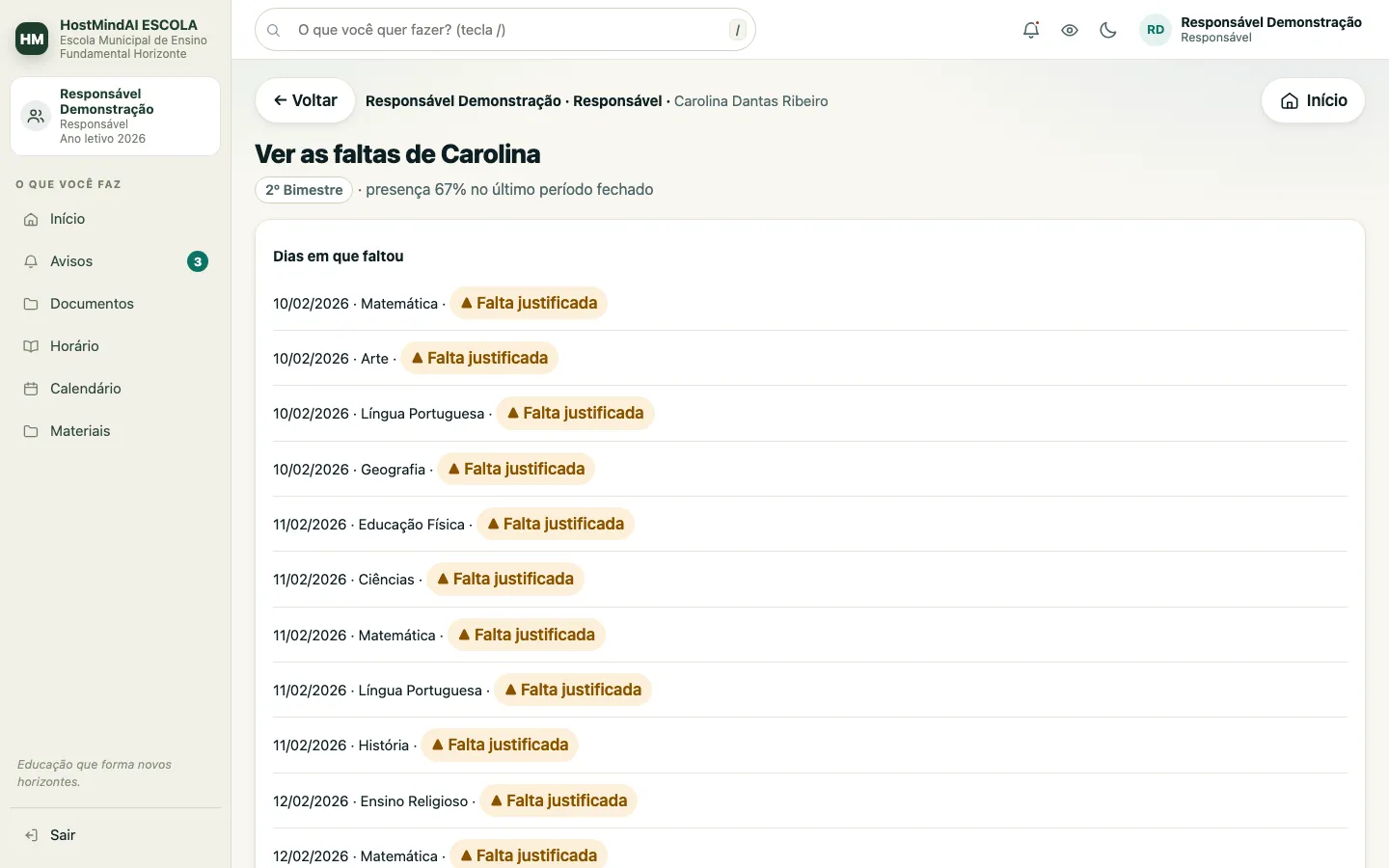 Tela do responsável com as faltas do filho, o percentual de presença do bimestre e a lista de dias e aulas em que faltou.