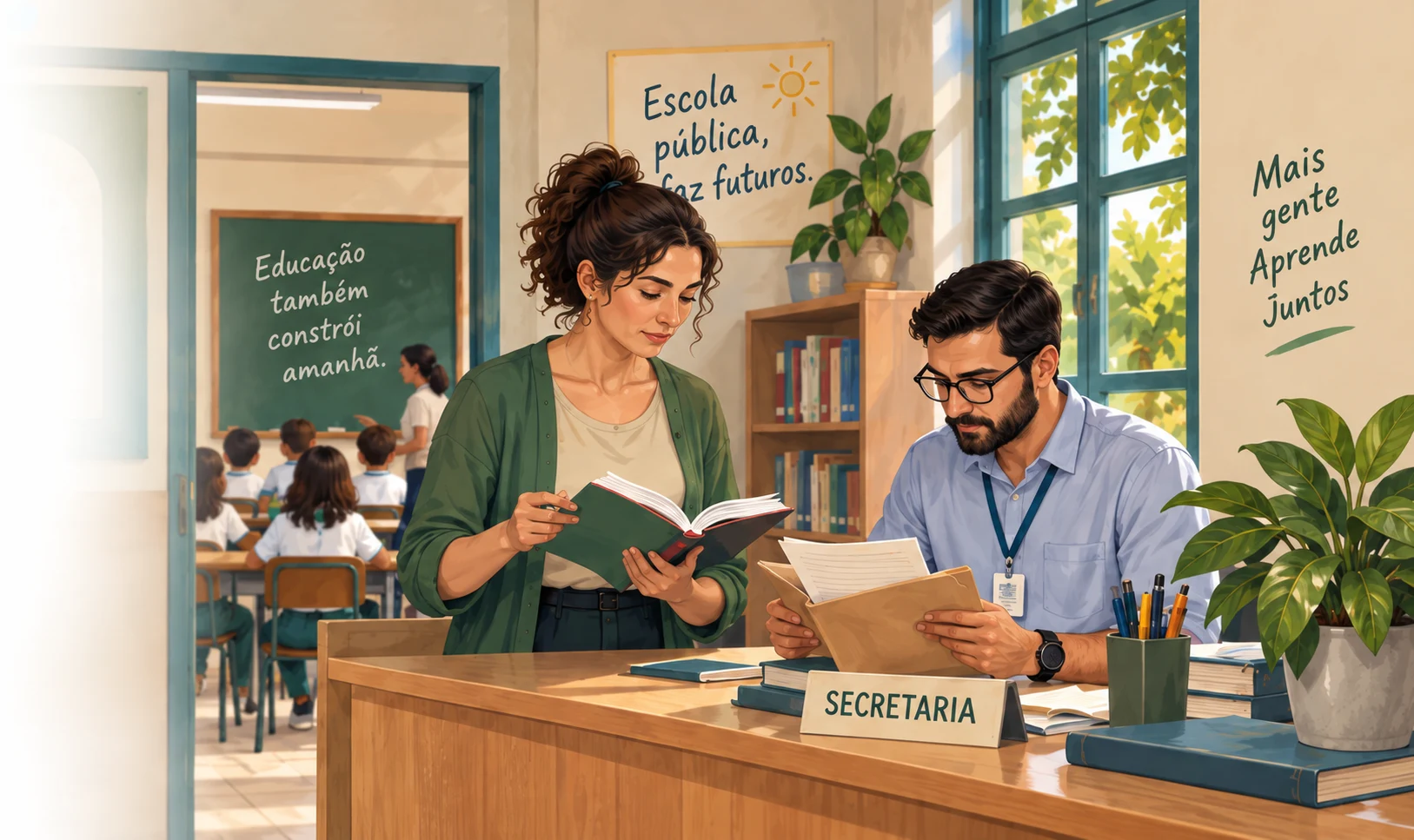 Ilustração de uma professora e um secretário sorrindo na escola, com alunos ao fundo.