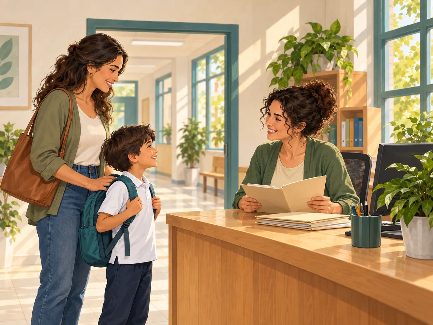 Ilustração de uma secretária sorridente recebendo uma criança feliz e sua mãe na escola.