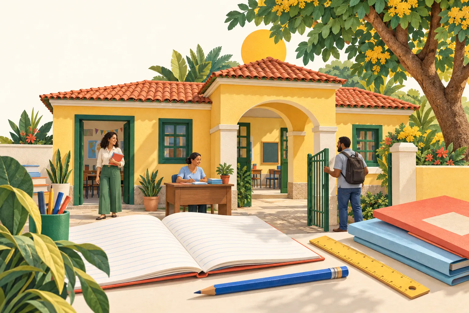 Ilustração de uma escola imaginária com professora, secretaria e responsável, entre cadernos e materiais escolares.