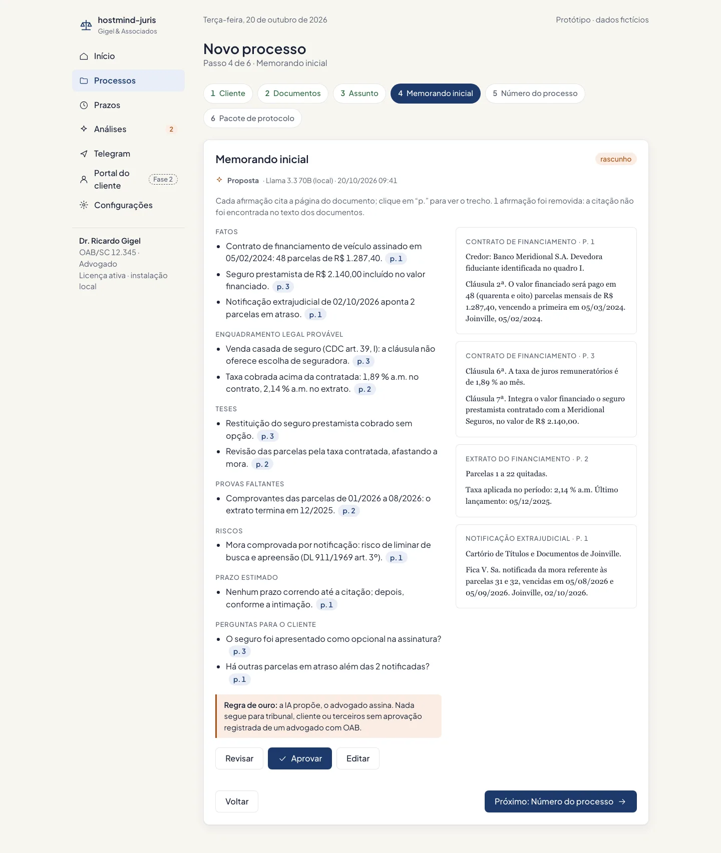 Tela Novo processo: cadastro do caso com cliente, documentos, assunto e memorando inicial.