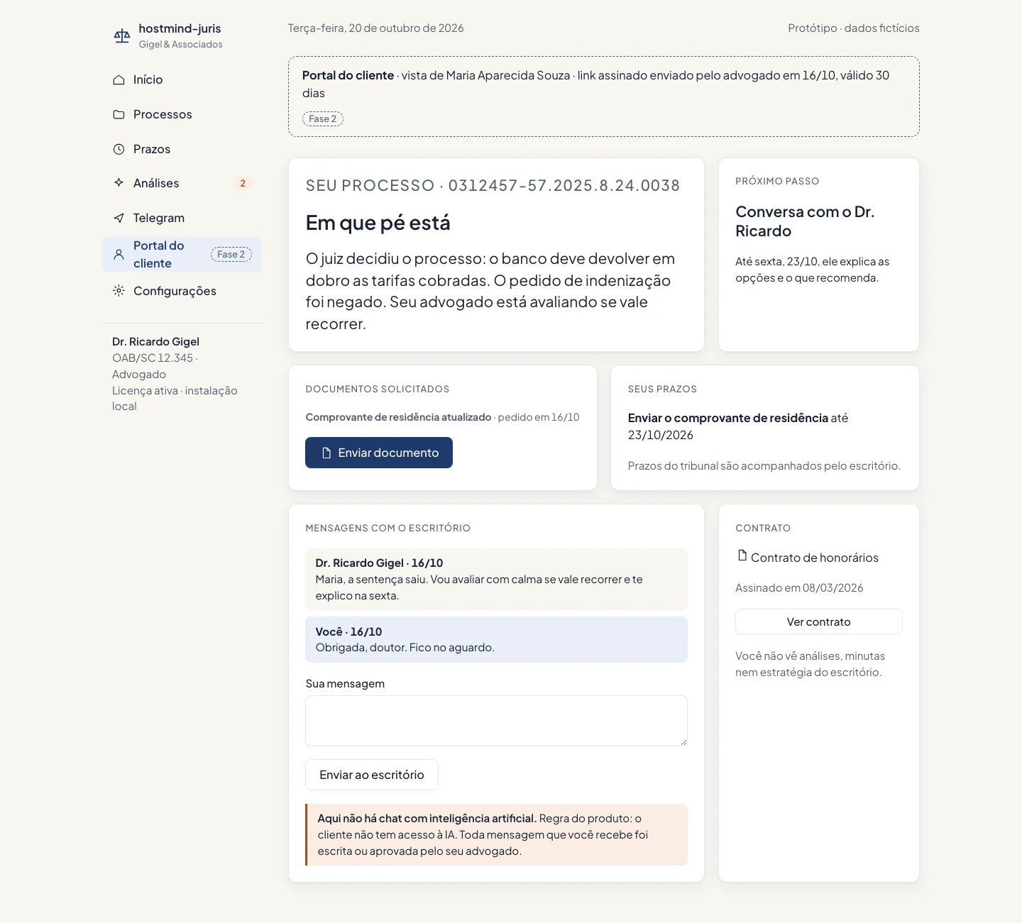 Portal do cliente: andamento do processo em linguagem simples, sem acesso ao que é interno do escritório.