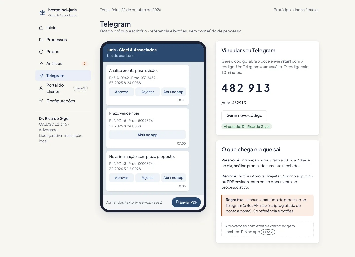 Bot do Telegram do escritório: aviso de prazo e de análise pronta com os botões Aprovar, Rejeitar e Abrir no app, e vinculação da conta por código.