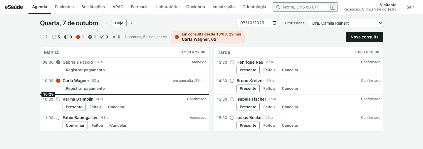Tela de agenda do dia com consultas da manhã e da tarde, horários, situação de cada paciente e botões Presente, Faltou e Cancelar.