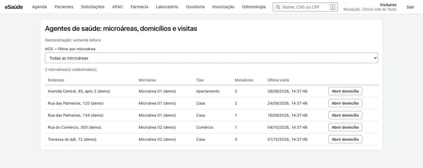 Tela de agentes de saúde com lista de domicílios por microárea, tipo, moradores, última visita e botão Abrir domicílio.