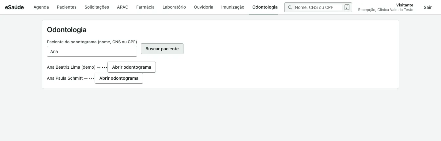 Tela de odontologia com o campo de busca do paciente do odontograma e os pacientes encontrados, cada um com o botão Abrir odontograma.