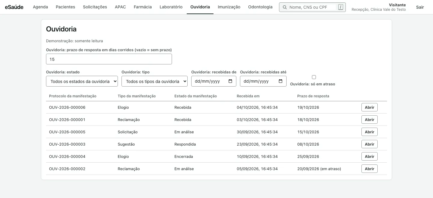 Tela de ouvidoria com a lista de manifestações, protocolo, tipo, estado, data de recebimento e prazo de resposta, e os filtros acima da tabela.