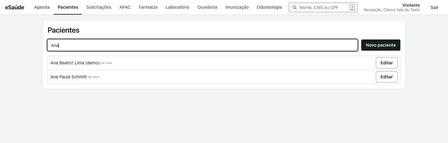 Tela de pacientes com um trecho de nome digitado na busca e a lista reduzida aos três pacientes encontrados.