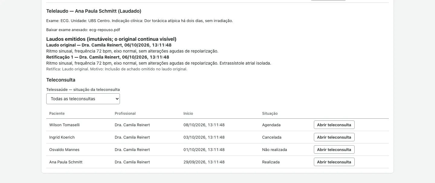 Tela de telessaúde com um telelaudo aberto, mostrando o exame, a indicação clínica, o laudo original e uma retificação com o motivo.