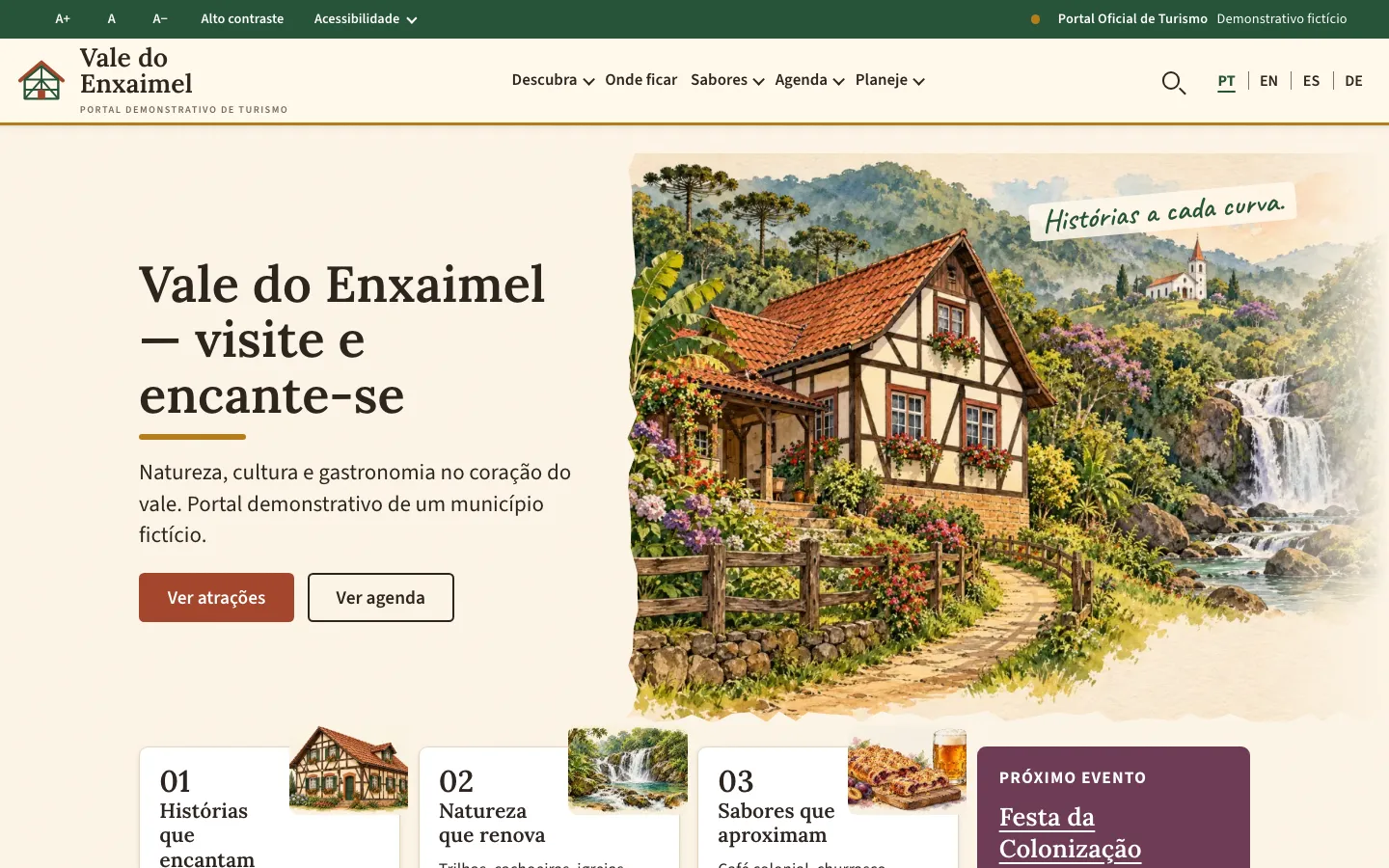Página inicial do portal Rota Enxaimel: casa enxaimel em aquarela, menu e botões Ver atrações e Ver agenda